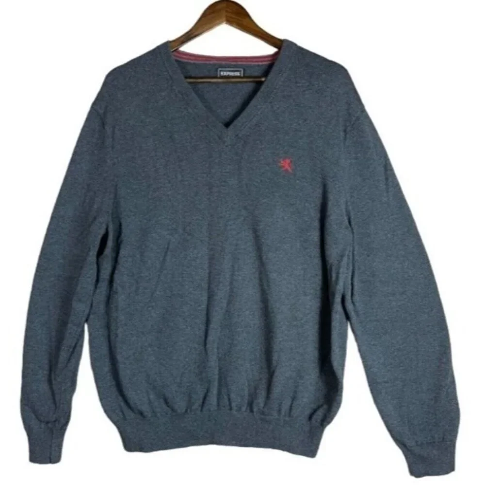 Express Men's‎ V-Neck Long Sleeve Pullover Knit Sweater Dark Gray Size Medium